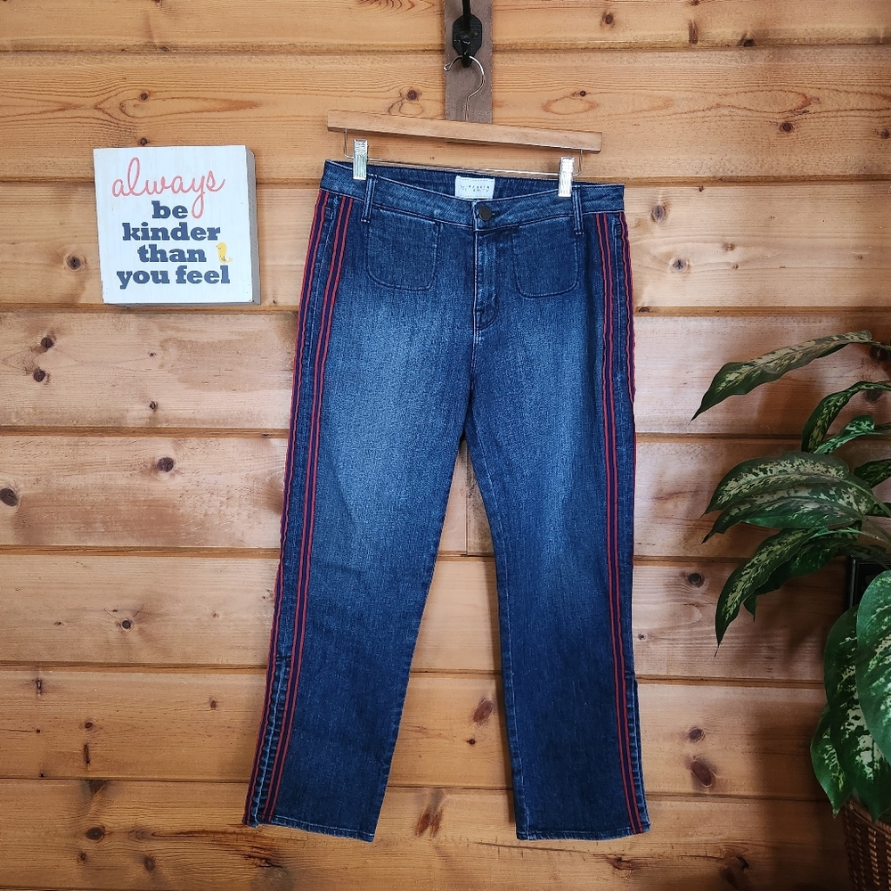 Parker Smith 💜 Denim Crop Jeans Stella Straight Red Tuxedo Stripe Split Hem 28‎
